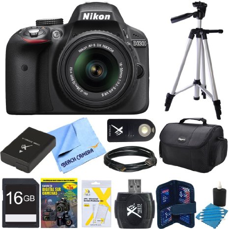 Nikon D3300 24.2 MP Digital SLR Black Camera with 18-55mm VR II Lens (Refurbished) Bundle includes camera, 18-55mm lens, 16GB memory card, memory card wallet, card reader, gadget bag, 57-inch tripod, training DVD, HDMI cable, shutter remote control, and more