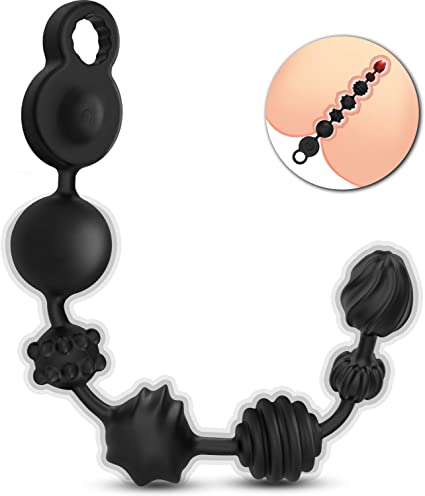 Vibrating Anal Beads Rechargeable Butt Plug Silicone Prostate Massage Anal Virators with 6 Beads 3 Motors in Black Anal Sex Toys for Man and Woman