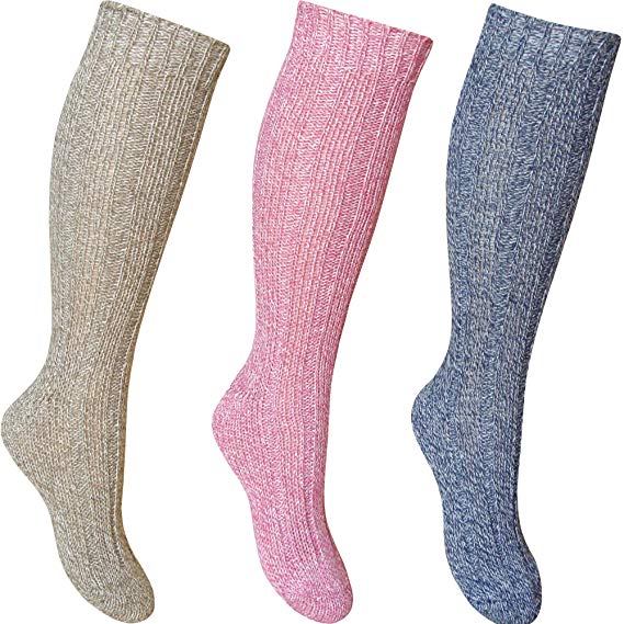 Ladies Chunky Ribbed Knit Deluxe Wool Blend Long Length Hiking Socks (3 Pair Multi Pack)