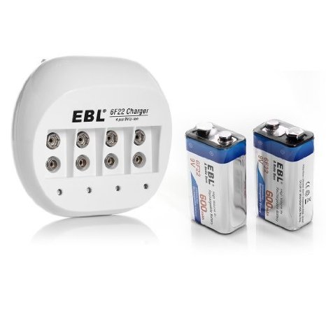 EBL 2 Pack High Volume 600mAh 9V 6F22 Lithium-ion Rechargeable Battery with 4 Bay 9V Li-ion Battery Charger