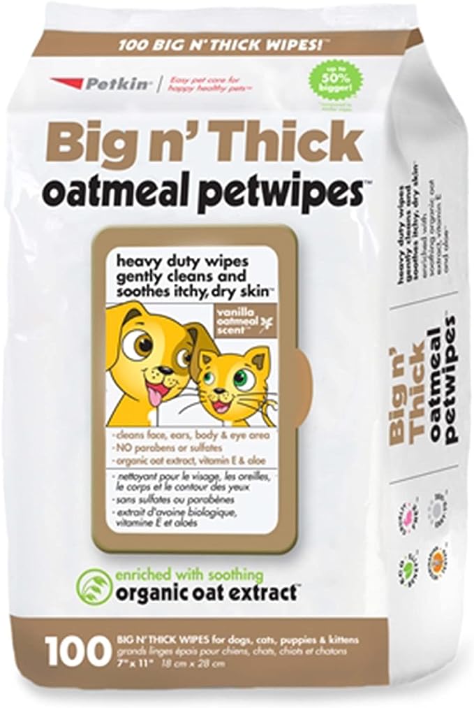 Petkin Pet Wipes for Dogs and Cats, 100 Wipes (Large) - Oatmeal Pet Wipes for Dogs and Cats - Soothes Itchy Dry Skin and Cleans Ears, Face, Butt, Body and Eye Area - Idea for Home and Travel