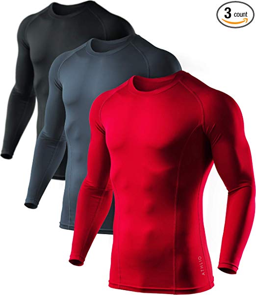 ATHLIO Men's (Pack of 3) Cool Dry Compression Long Sleeve Baselayer Athletic Sports T-Shirts Tops BLS01