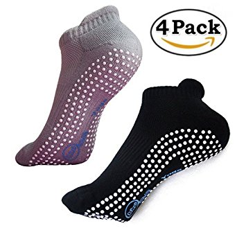 Non Slip Skid Socks with Grips,for Yoga,Barre Pilates,PiYo,Men and Women,2Pack Black and 2Pack Gray