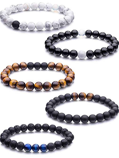 Tatuo 5 Pieces Lava Stone Bracelet Elastic Essential Oil Bracelets Stone Bead Bracelet Bangle for Men Women, 8 mm