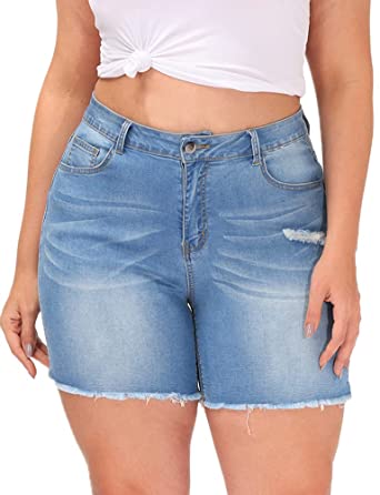 Gboomo Womens Plus Size Denim Shorts High Waisted Stretchy Raw Hem Jean Shorts with Pockets