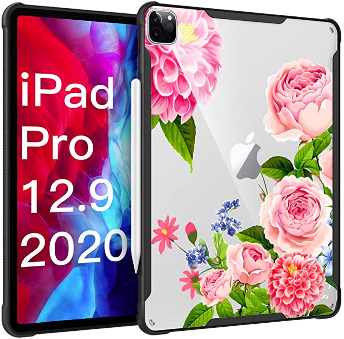 MoKo Case Fit iPad Pro 12.9 4th Generation 2020 & 2018 [Support Apple Pencil Charging] Anti-Scratch Slim Transparent PC Protective Case with Shock Absorption Soft TPU Edge Bumper - Blooming Flowers