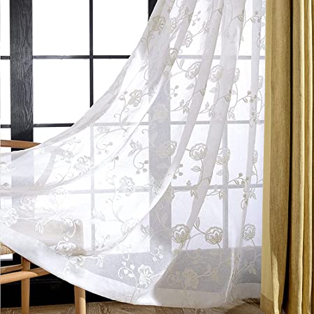 AliFish 1 Panel Country Style Girls White Lace Sheer Curtains Floral Embroidered Rod Pocket Top Adorable Morning Glory Window Treatment Perspective Tulle Voile Sheer Curtain Panels for Living Room