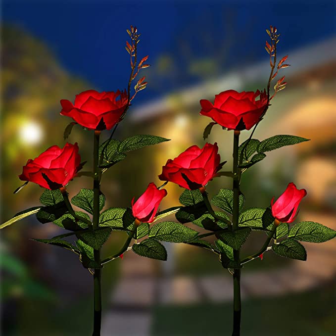 XLUX Solar Powered Rose Lights lamp Flower Stake, for Garden Patio Yard Christmas Pathway Decoration Deco, Red, 2 Pack