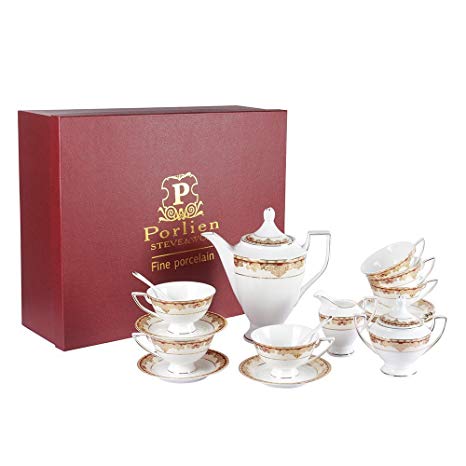 Porlien Exquisite 17-Piece Gold Tea Set Trimmed with Red, Porcelain, Service for 6, Gift Box