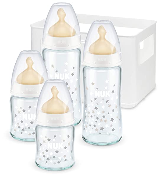 NUK 10225127 First Choice Plus Starter Set Glass, with 4 Baby Bottles Including Latex Teat and Bottle Box, 0-6 Months