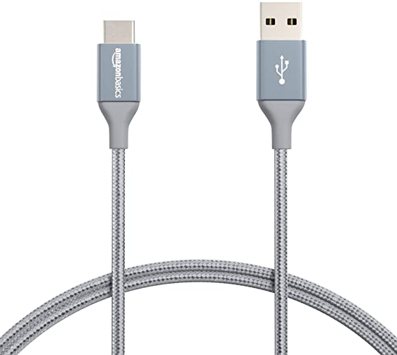 AmazonBasics Double Braided Nylon USB Type-C to Type-A 2.0 Male Charger Cable | 3 feet, Dark Grey