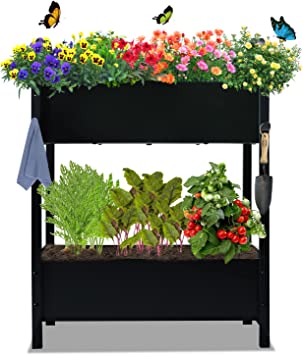 aboxoo Double Planter Raised Beds with Legs,Outdoor Metal Tall Planter Box Elevated Garden Bed for Vegetables Flower Herb Patio Backyard(22.6" L x 8.9" W x 31.5" H)