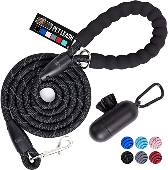 Gorilla Grip Durable Dog Leash, Soft Handle, Reflective Rope Pet Leashes for Puppy, Small Dogs, Rotating Metal Clip, Waste Bag Dispenser