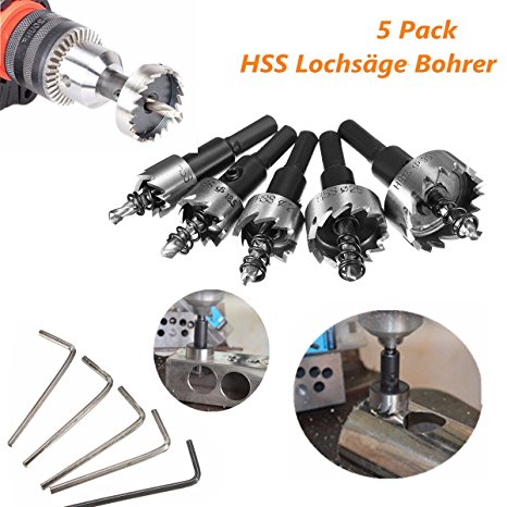 MOHOO Hole Saw 5 pcs hole cutters 16/18.5/20/25/30 MM HSS Hole Saw Set Stainless High Speed Steel Metal Alloy Silver spring design