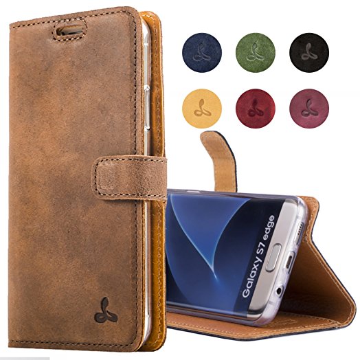 Samsung Galaxy S7 Edge Wallet Case in Nubuck Leather with Credit Card / Note slot, from the Snakehive® Vintage Collection (Brown)