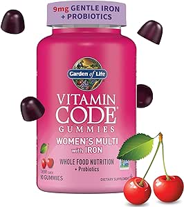 Women’s Multivitamin Gummy with Iron: Folate, Biotin, D3 & B12 for Hair, Skin & Nails   Probiotics for Immune Health & Digestion, Vitamin Code, Non-GMO, Gluten-Free, 90 Cherry Gummies, 30 Day Supply