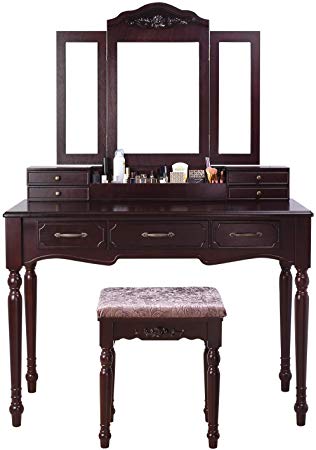 HOMECHO Vanity Table Set Makeup Dressing Desk with Tri-Folding Mirror Cushioned Stool Drawers Storage Organizer Dark Brown, HMC-MD-010