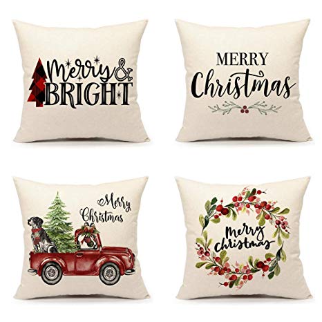 4TH Emotion Christmas Pillow Covers 18x18 Set of 4 for Farmhouse Home Decor Winter Holiday Throw Pillow Case Cushion Cover