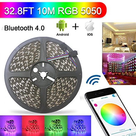 ABelle Bluetooth LED Strip Light 32.8ft RGB Non Waterproof 10M 5050 SMD LED Rope Light iOS Android Smartphone APP Controlled 16 Million Colors Adjustable For Home Kitchen Festival Decoration