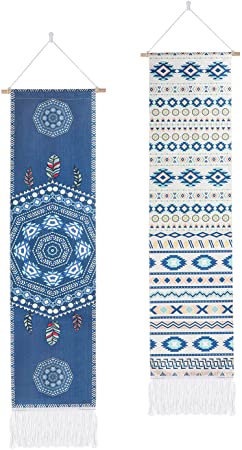 Sawpy 2 Pack Boho Tapestry, Wall Hanging Vintage Blue Tapestry Long Tapestry with Tassel, Wall Tapestry for Bedroom, Living Room - 51.2 x 12.8 inches (Bohemian)