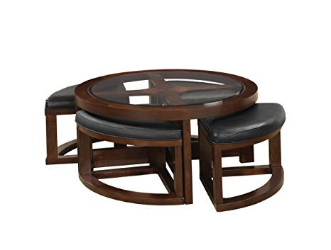 Furniture of America Julius Round Coffee Table with 5mm Beveled Glass Top and 4 Ottomans, Dark Walnut