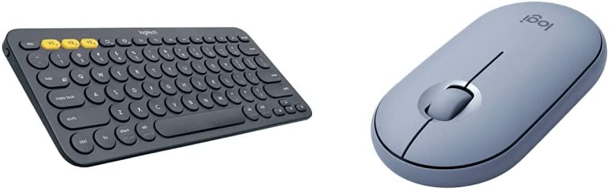 Logitech K380 Multi-Device Bluetooth Keyboard – Dark Grey & Pebble M350 Wireless Mouse with Bluetooth or USB - Silent, Slim Computer Mouse - Blue Grey