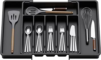 Lifewit Cutlery Drawer Organiser, Expandable Utensil Tray for Kitchen, Adjustable Silverware and Flatware Holder, Compact Plastic Storage for Spoons Forks Knives, Large, Black