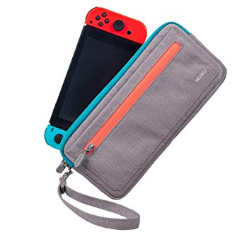 Nintendo Switch Carry Case, Lightweight Protective Canvas Pouch Portable Travel Case Bag for Nintendo Switch Console & Accessories with 5 Card Slots & Handle Strap (Grey)