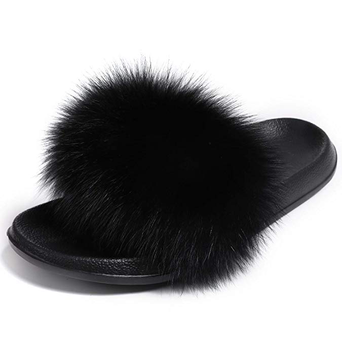 Valpeak Fur Slippers Slides for Women Open Toe Real Fox Fur Slippers Girls Fluffy House Slides Outdoor(Black)
