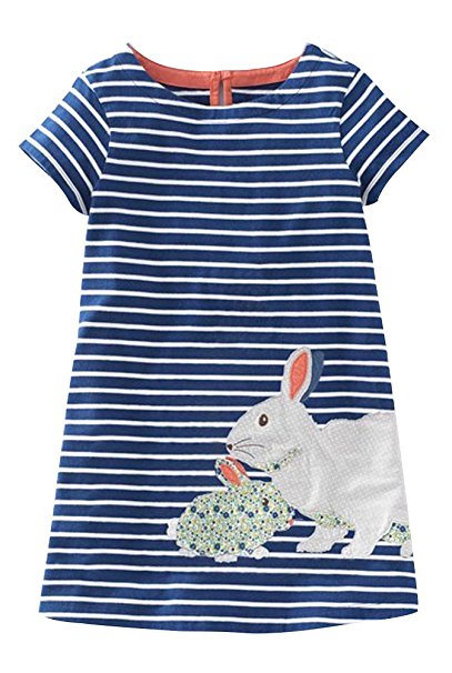 Fiream Girls Summer Applique Cotton Short Sleeves Casual Striped Dresses