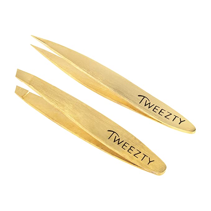 Tweezty Tweezer Set for Travel - Mini Slant Tweezers and Precision Tweezers - Tweezers for Eyebrows and Tweezers for Ingrown Hair - Gold Tweezers Kit with Travel Case