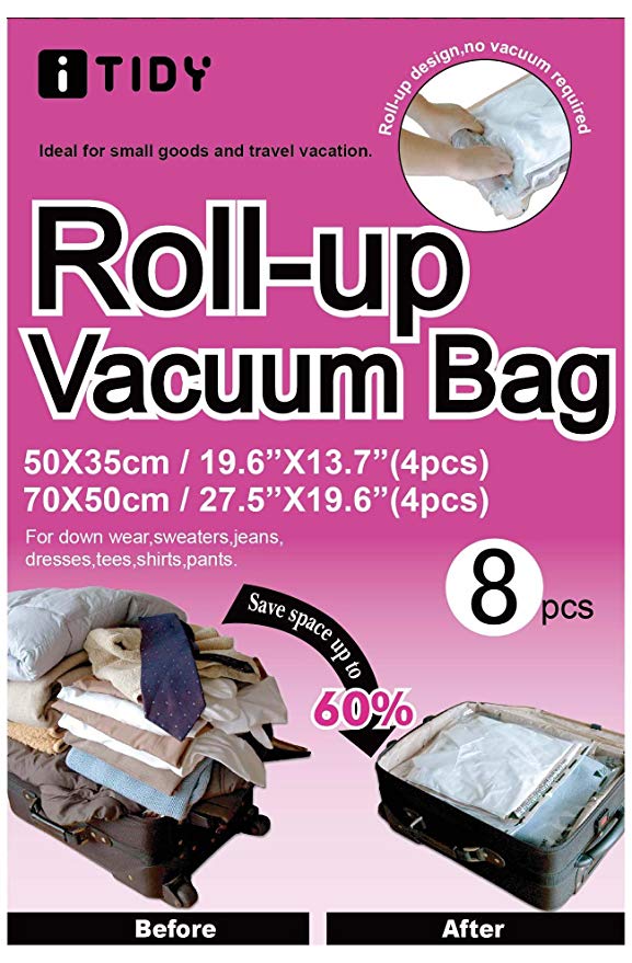 ITIDY Vacuum-Bags,8pk Compression Seal Bags Reusable,Plastic Roll Up Space Saver Storage Bags,No Vacuum or Pump Needed, for Travel and Home Storage, 4 Large and 4 Medium