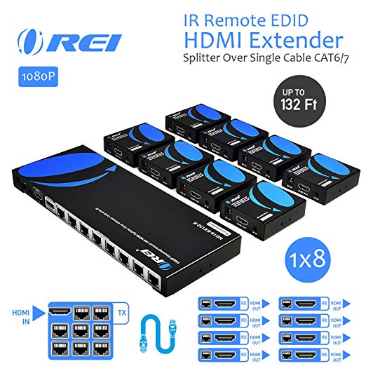 OREI 1x8 HDMI Extender Splitter Over Single Cable CAT6/7 1080P With IR Remote EDID Management - Up to 132 Ft - Loop Out - Low Latency