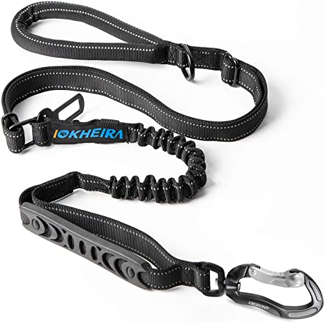 IOKHEIRA Dog Leash, 4-in-1 Multifunctional Dog Leashes for Medium & Large Dogs with Car Seat Belt, 4-6 FT Strong Bungee Dog Leash (Black, Bungee Dog Leash with Safety Seatbelt)