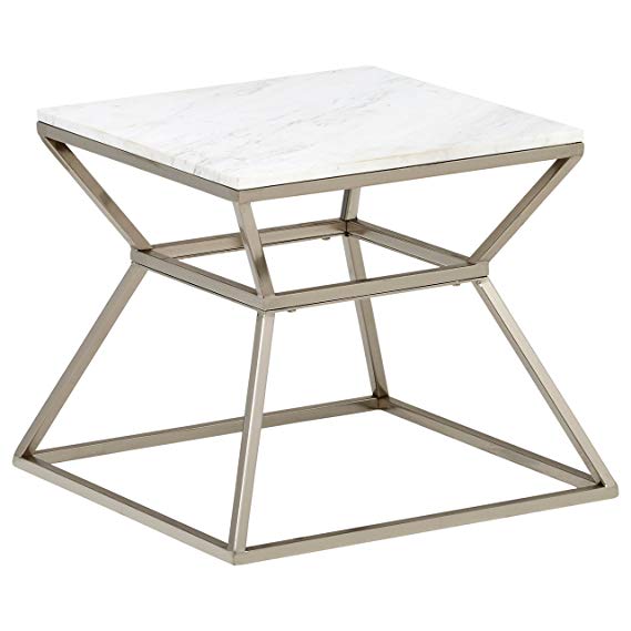 Rivet Modern Hourglass Marble Top and Metal Side Table, 17.9"W, Silver Finish