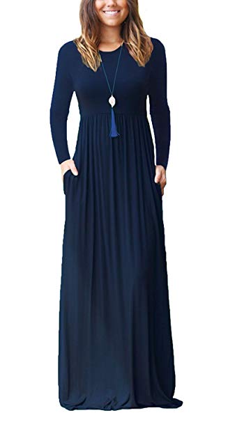 Viishow Women's Long Sleeve Empire Waist Maxi Dresses Long Dresses with Pockets