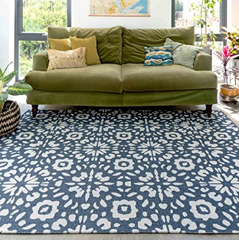 Soft Recycled Cotton Large Navy Denim Flatweave Carpet Rug Blue Moroccan Floral Tiles Modern Woven Utility Kitchen Dining Living Room Bedroom Hallway Floor Mat Area Rugs 160cm x 230cm