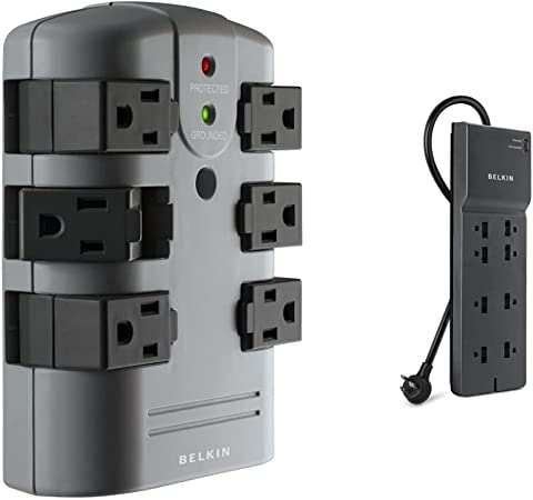 Belkin Power Strip Surge Protector - 6 Rotating AC Multiple Outlets (1,080 Joules) & Power Strip Surge Protector with 8 AC Multiple Outlets, 8 ft Long Flat Plug Heavy Duty Cord (2,500 Joules)