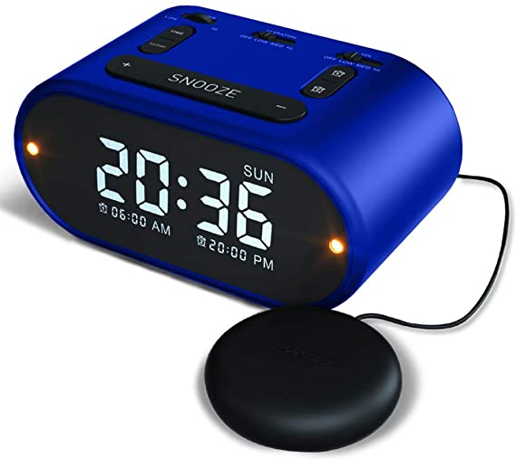RIPTUNES Digital Loud Alarm Clock with Bed Shaker for Heavy Sleepers for Bedroom, Dual Alarm w/weekday & weekend settings, Full Range Dimmer 0-100%, USB Charging Port, Snooze Button, Easy SET UP, BLUE
