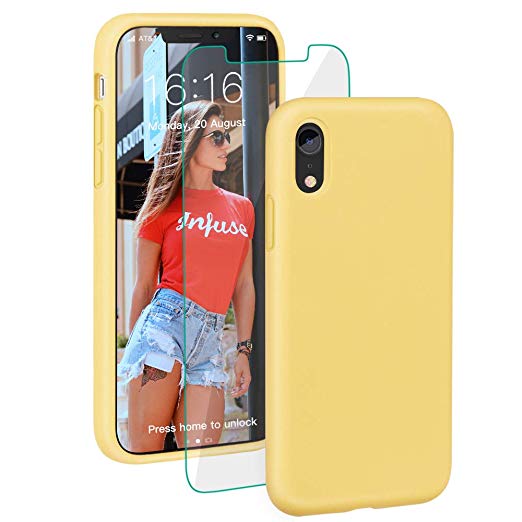 ProBien Case for iPhone XR, Silicone Gel Rubber Shockproof Shell with Free Tempered Screen Protector for New iPhone XR 2018 (6.1")-Yellow