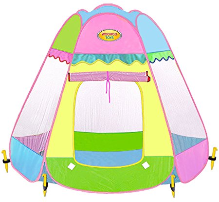 Large 6-Sided Pop-Up Teepee Playhouse Play Tent - with Stakes for Outside 63"x63"x44" by WooHoo Toys