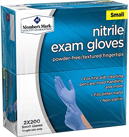 Member's Mark Nitrile Powder Free Latex Exam Gloves, SMALL, 2 Packs of 200, 400 Total