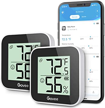 Govee Temperature Humidity Monitor 2-Pack, Indoor Room Thermometer Hygrometer with App Alert, Mini Bluetooth Digital Thermometer Humidity Sensor with Data Storage for Home, Greenhouse, Humidor, Cellar