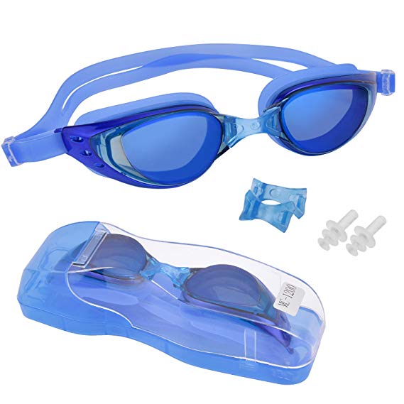 FILWO Adult Goggles for Swimming, Clear Optical Swimming Goggles for Adult Racing Prescription Goggles for Swim Anti Fog Beach Pool Swim Goggles Wide Viewing with Nose Piece, Ear Plugs