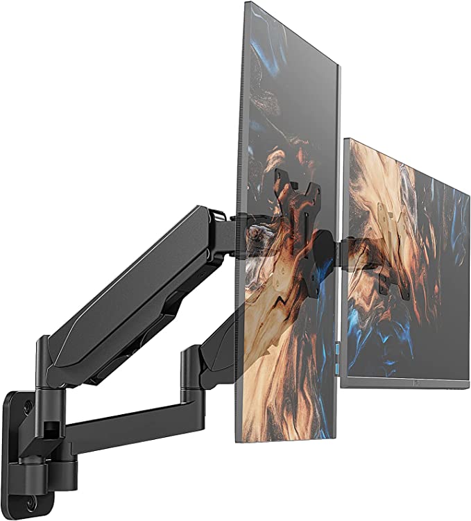 Dual Monitor Wall Mount, Gas Spring Wall Monitor Arm for 17 to 32 inch Flat/Curved Screens, Each Holds Up to 17.6lbs, Full Motion Swivel Tilt Rotation Adjustable VESA Monitor Stand, Black