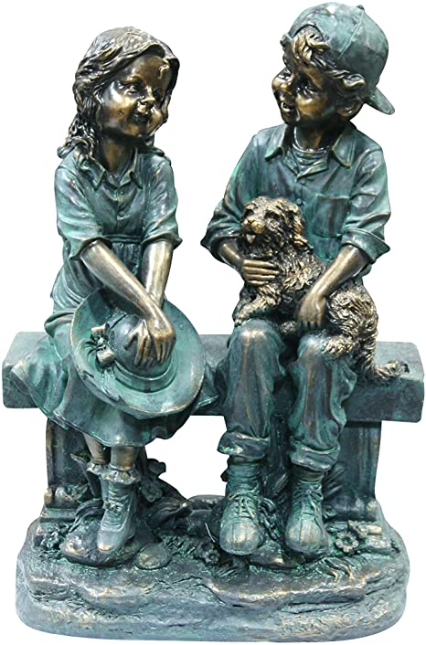 Alpine Corporation Girl and Boy Sitting on Bench with Puppy Statue - Outdoor Decor for Garden, Patio, Deck, Porch - Yard Art Decoration