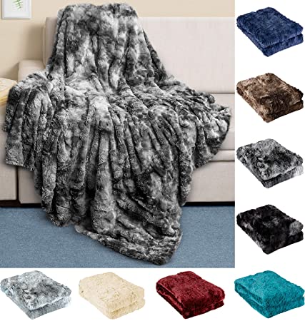 Everlasting Comfort Faux Fur Throw Blanket - Ultra Soft and Fluffy - Plush Throw Blankets for Couch Bed and Living Room - 50x65 - Full Size - Gray