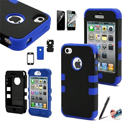 iphone 4s case, SQdeal® 3in1 Rubber   Plastic High Impact Hybrid Hard Case Protective Cover for iphone 4 4s, with Accessies - Touch Stylus Pen and Front/Back Screen Protector,etc (3in1 Black with Blue)
