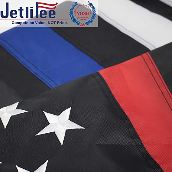 Jetlifee Thin Blue Line Police & Thin Red Line Firefighter Flag 3x5 Ft with Embroidered Stars Sewn Stripes and Long Lasting Nylon, American Flag Black and White