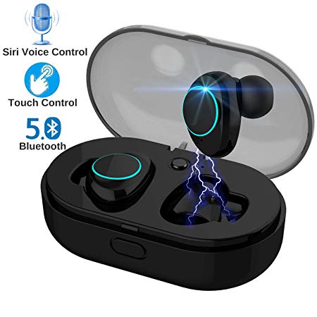 Bluetooth 5.0 Touch Control True Earbuds Headphones BT 3D Stereo Surround Super Bass Noise Cancellation Headsets with Mic Charging Case Mini in-Ear TWS Earphones (Black)